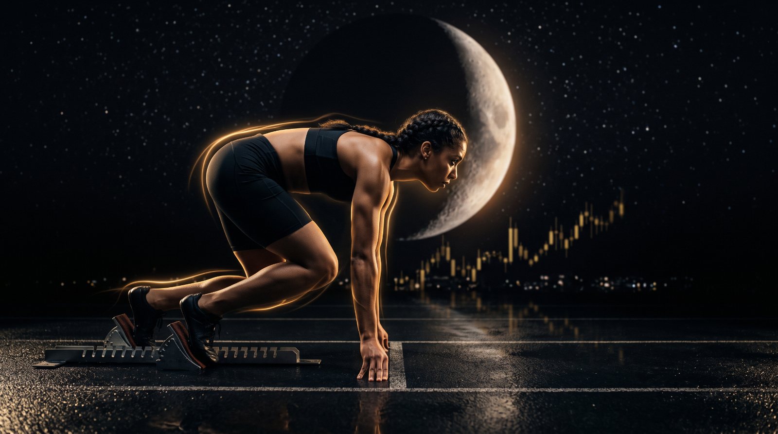 Sprinter in plain black kit set in the blocks under a night sky — illustration