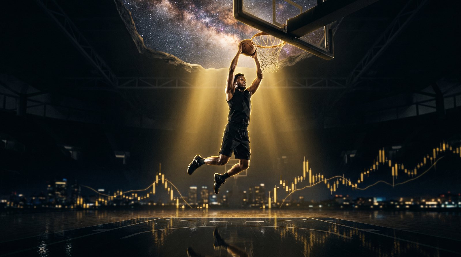 Basketball player in plain black kit rising to the hoop under a starry sky — illustration