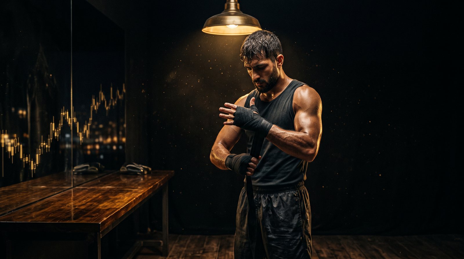 Boxer in plain black kit wrapping his hands before training — illustration