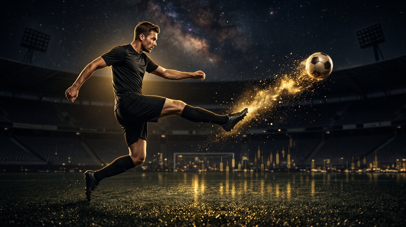 Footballer in plain black kit striking a ball in a cosmic stadium — illustration
