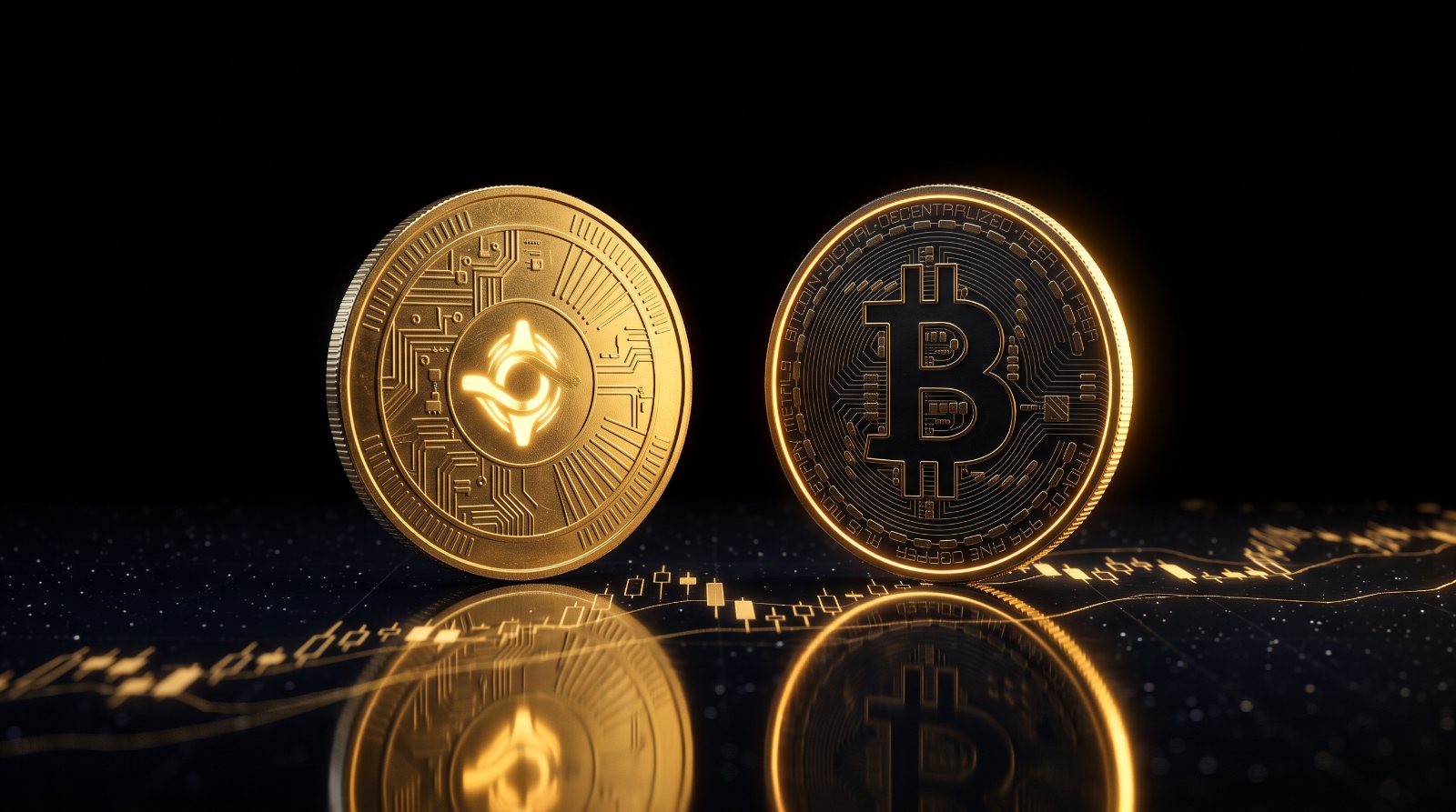 A gold coin and a bitcoin-style disc on a dark reflective surface — illustration