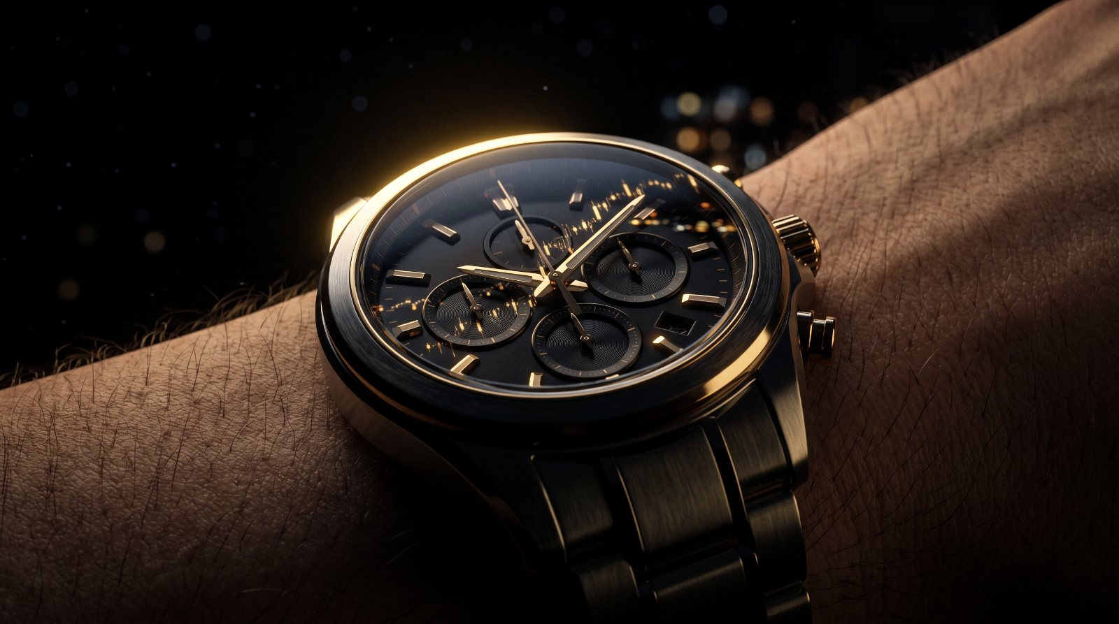 A dark wristwatch with gold detailing against a night sky — illustration